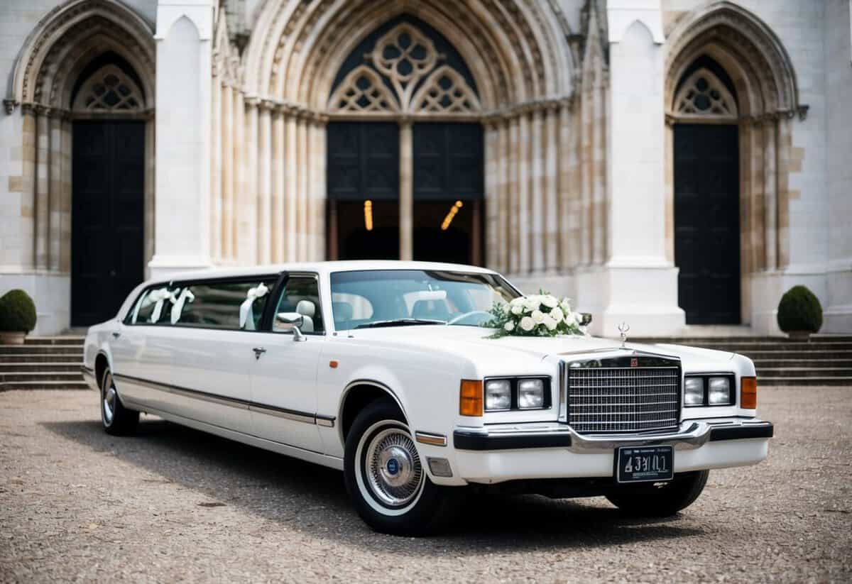 A classic white limousine parked outside a grand cathedral, adorned with ribbons and flowers, ready to transport the newlyweds