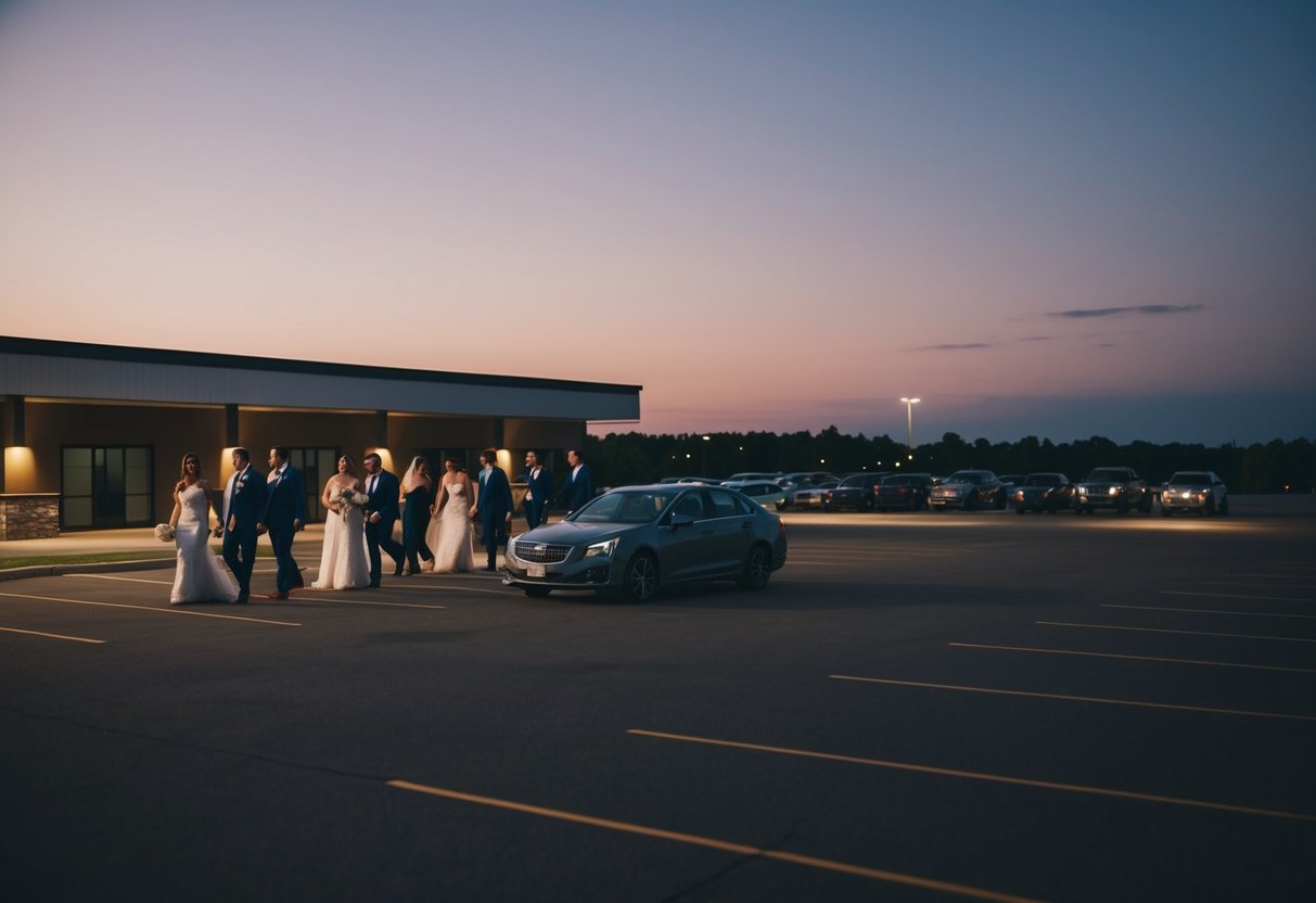 Guests departing dimly lit wedding venue at dusk. Lone car in empty parking lot