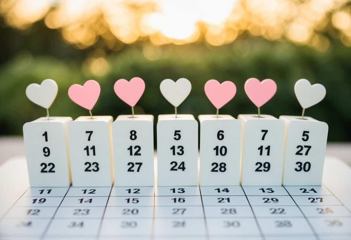 A calendar with wedding planning milestones marked at various intervals leading up to the wedding day