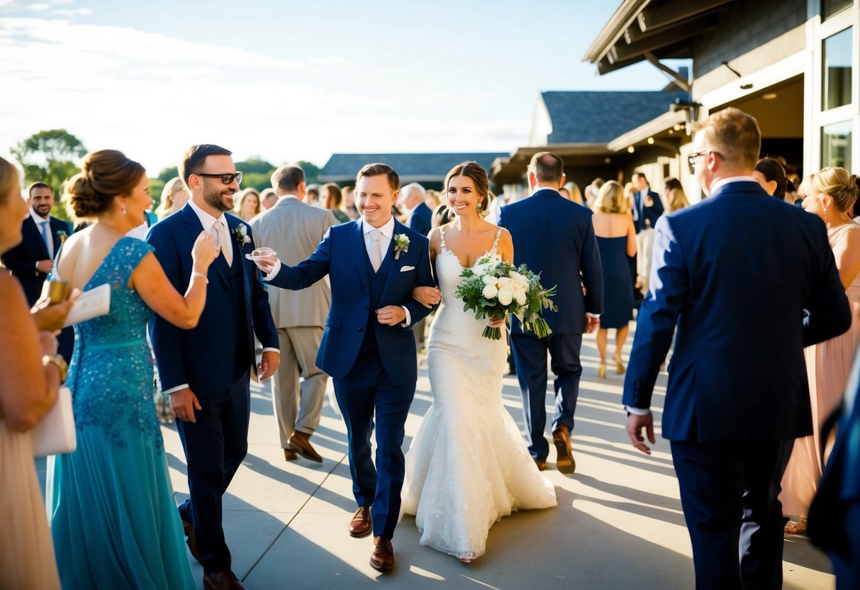 Guests departing early from a wedding, with the sun still shining and the venue still bustling with activity. Some guests are bidding farewell to the newlyweds, while others are seen making their way to the exit