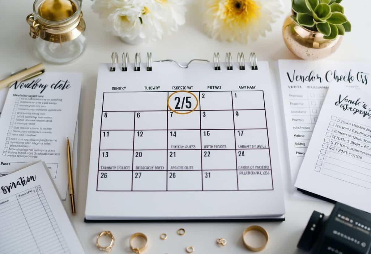 A calendar with a wedding date circled, surrounded by checklists, vendor contacts, and inspiration photos