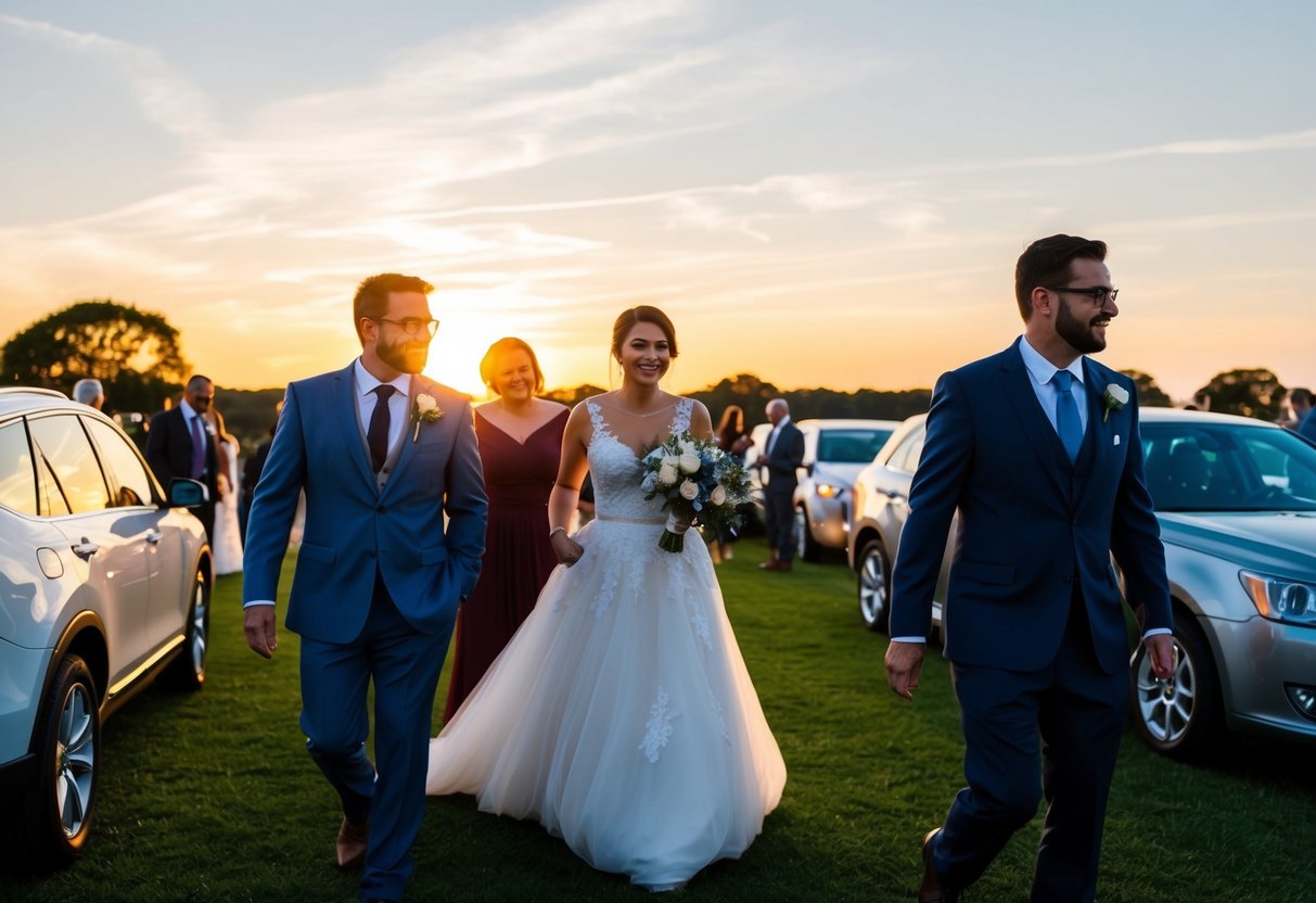 Guests leaving a wedding reception as the sun sets, casting a warm glow on the venue. Some linger while others make their way to their cars