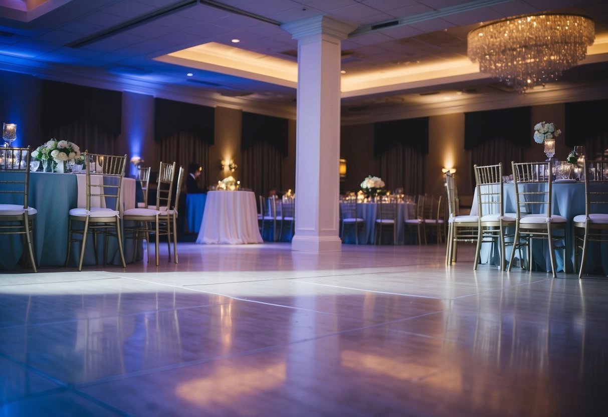 A dimly lit reception hall with empty chairs and a half-empty dance floor, indicating that the wedding is winding down