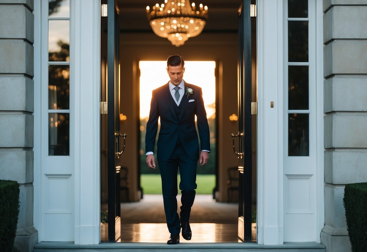 A figure in formal attire quietly slips out the back door of a grand wedding venue, bathed in the soft glow of the setting sun