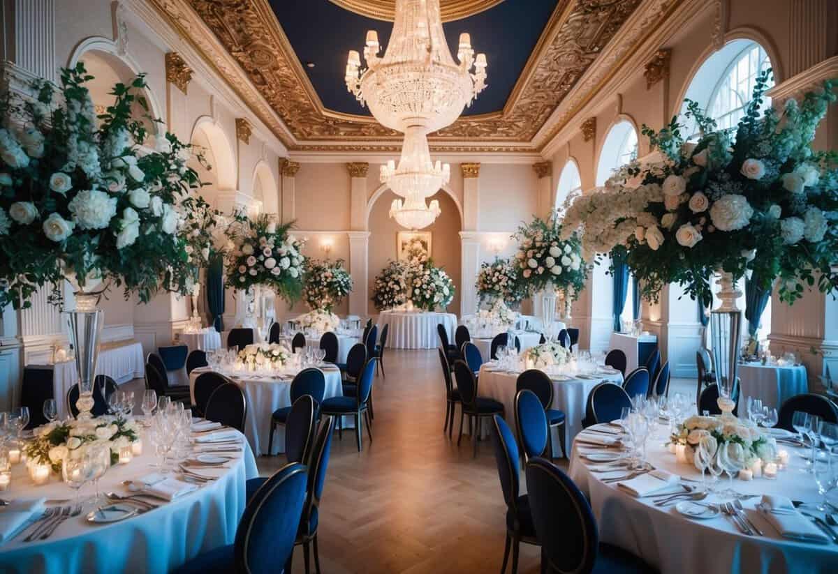 A grand, ornate wedding venue in the UK with opulent decorations and lavish floral arrangements, surrounded by elegant table settings and luxurious furnishings