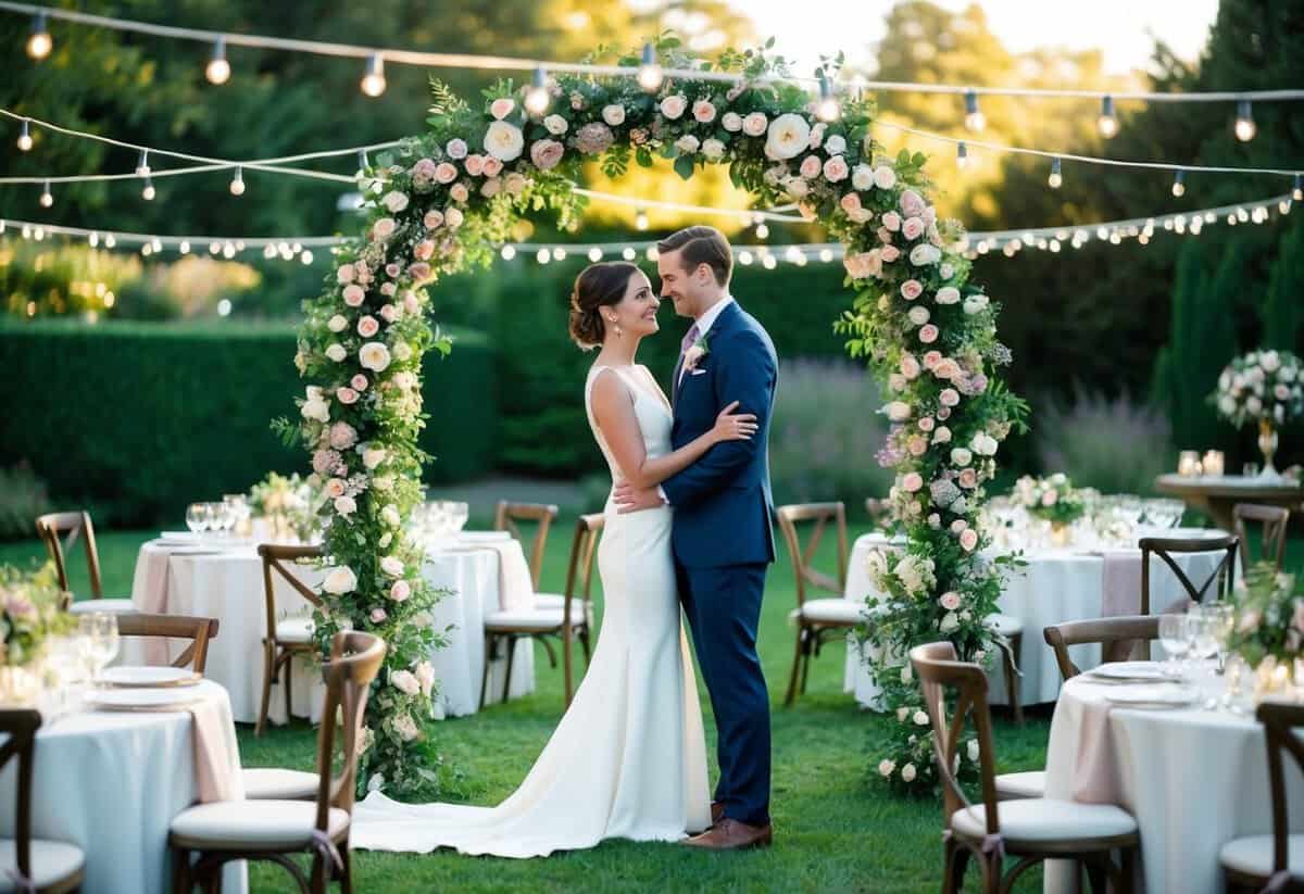 A couple stands under a floral arch in a garden, surrounded by twinkling lights and elegant table settings