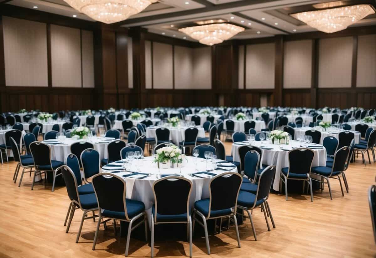 A large banquet hall with 150 empty chairs arranged neatly around round tables, with space for more guests to be seated
