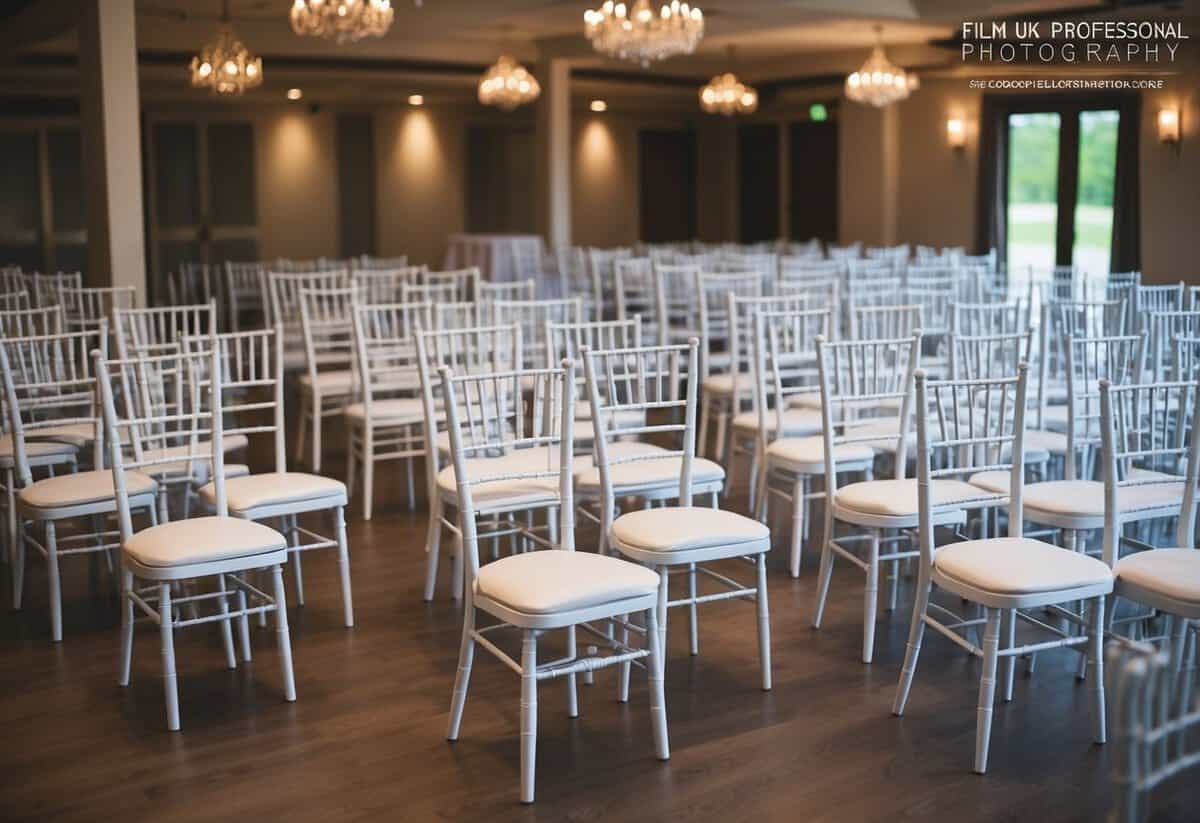 A wedding venue with 150 empty chairs arranged in rows