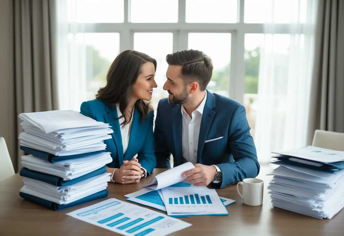 A couple sitting at a table with a stack of vendor contracts and spreadsheets, discussing wedding budget options and extras