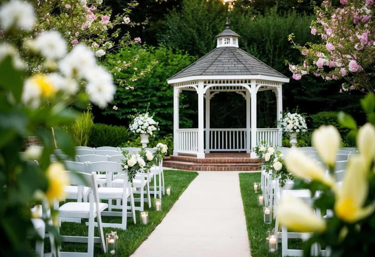 A serene garden with blooming flowers and a charming gazebo set up for a wedding ceremony