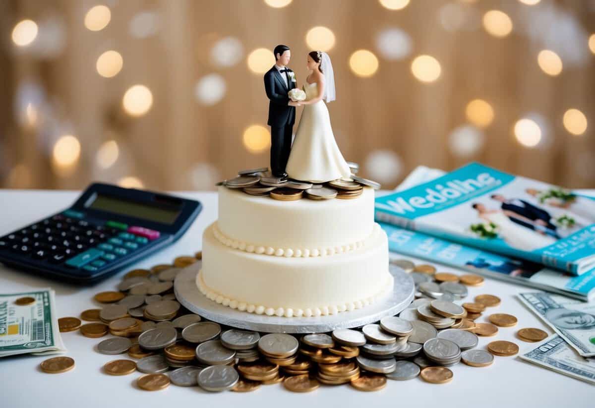 A wedding cake topper surrounded by coins and bills, with a calculator and wedding magazines in the background