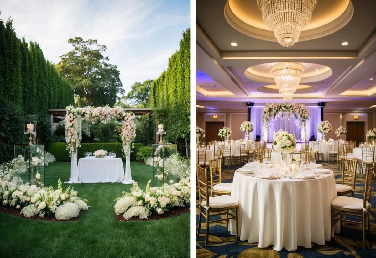 A lush garden with blooming flowers and a wedding setup next to a traditional wedding venue with extravagant decorations and a large banquet hall