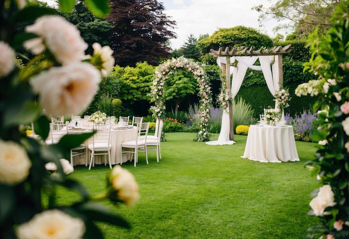 A lush garden with blooming flowers and a decorated wedding arch. A table set with elegant place settings and a canopy for the ceremony