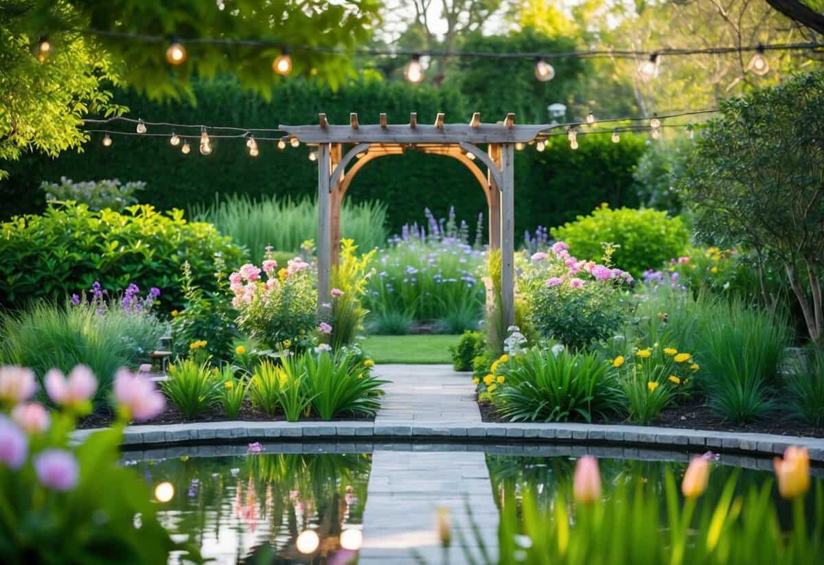 A serene garden with blooming flowers, a rustic wooden arch, and scattered bistro lights, surrounded by lush greenery and a tranquil pond
