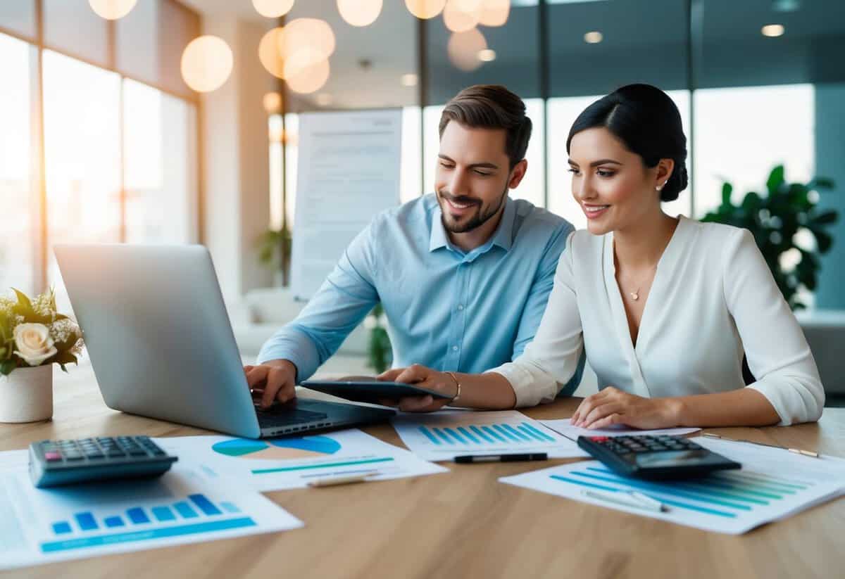 A couple researching wedding expenses online, surrounded by budgeting spreadsheets and financial calculators