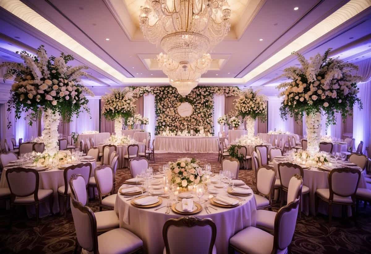 A lavish wedding venue with extravagant decorations and a grand banquet set-up, surrounded by opulent floral arrangements and elegant lighting