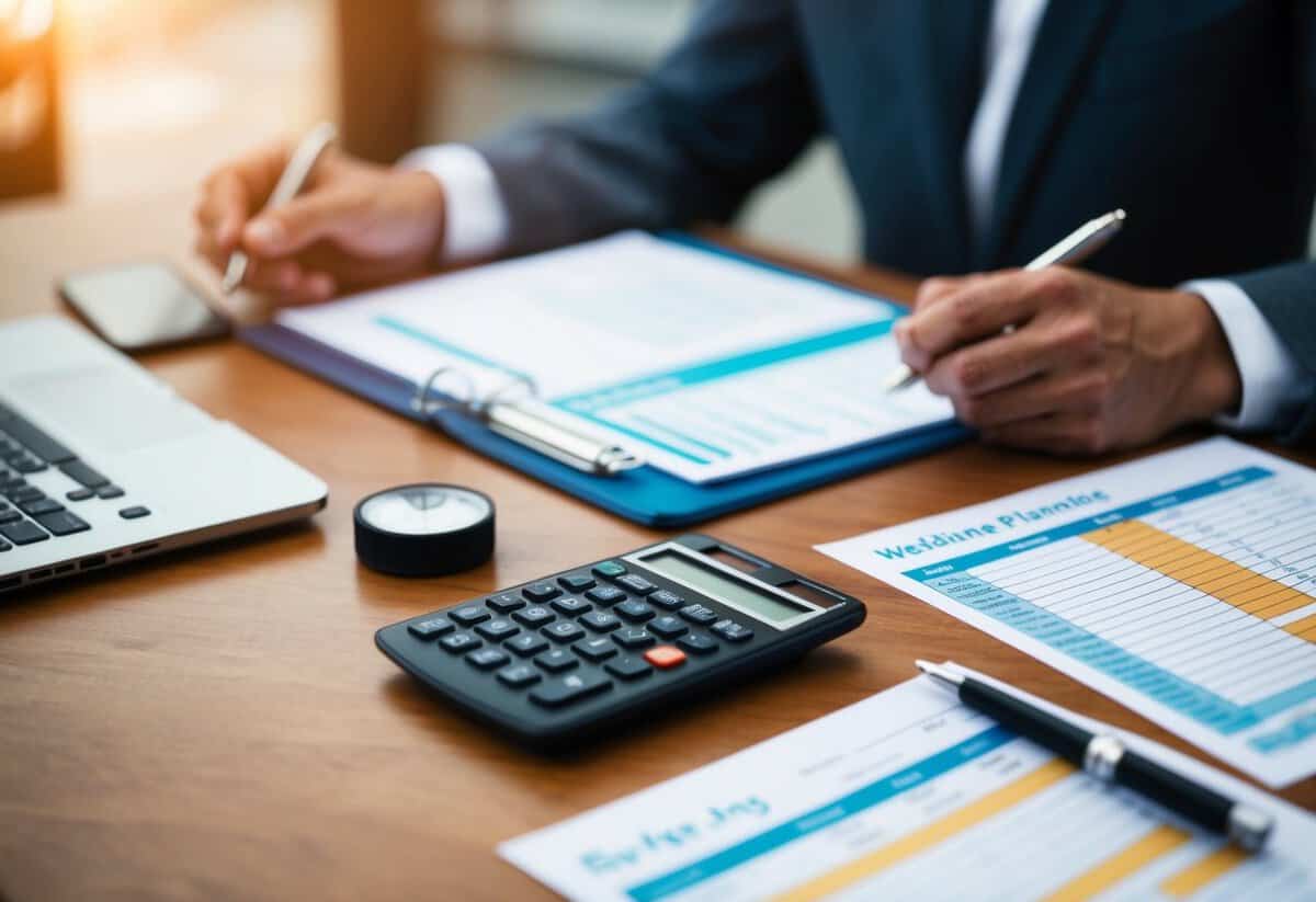 A table with wedding planning tools, a calculator, and a budgeting spreadsheet