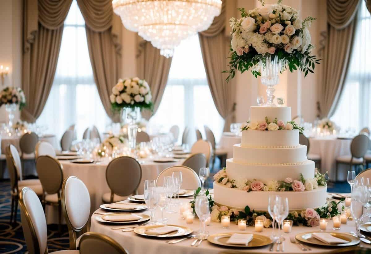 A lavish wedding setting with flowers, a tiered cake, elegant table settings, and a grand chandelier