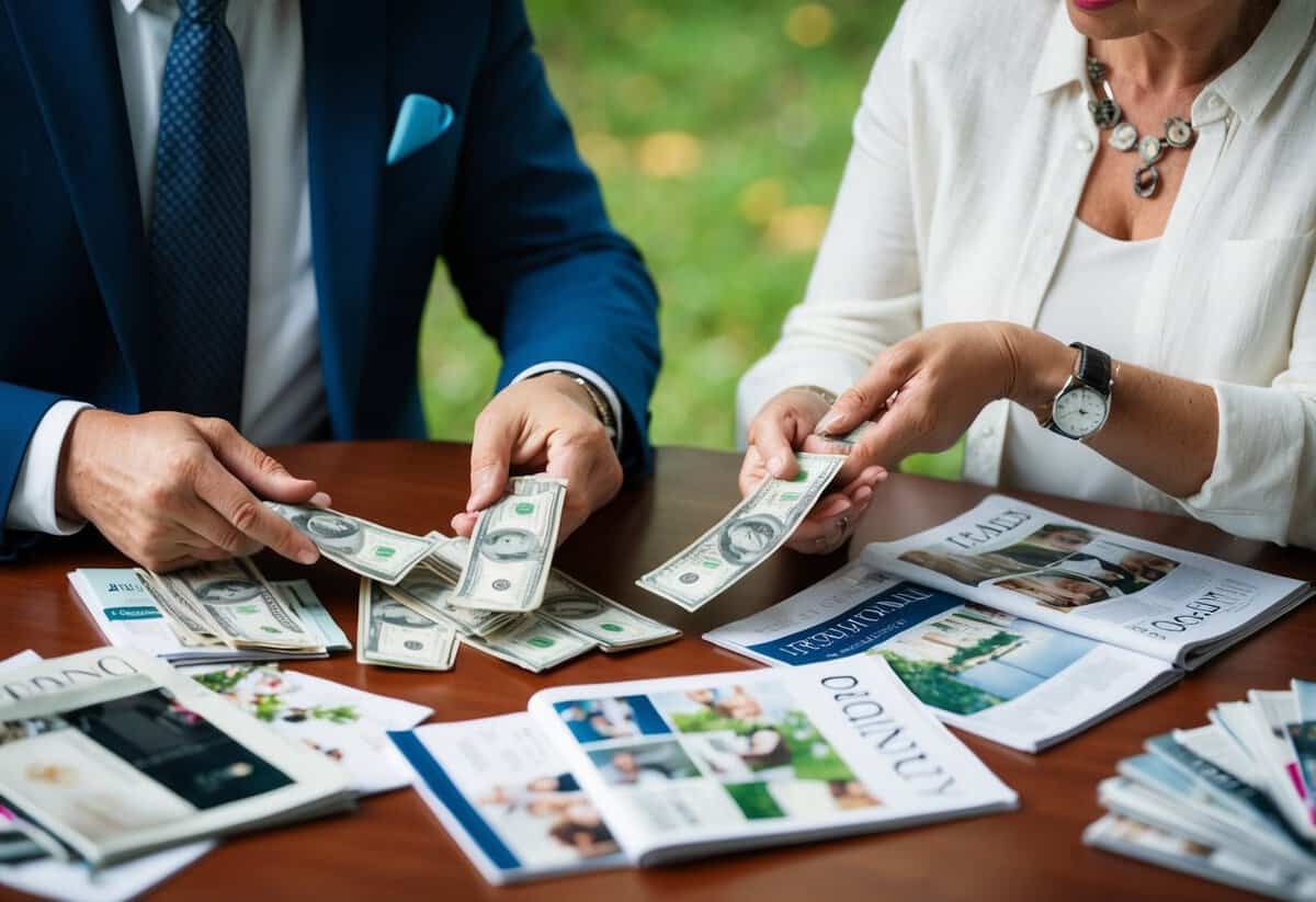 Parents counting money at a table with wedding magazines and brochures scattered around