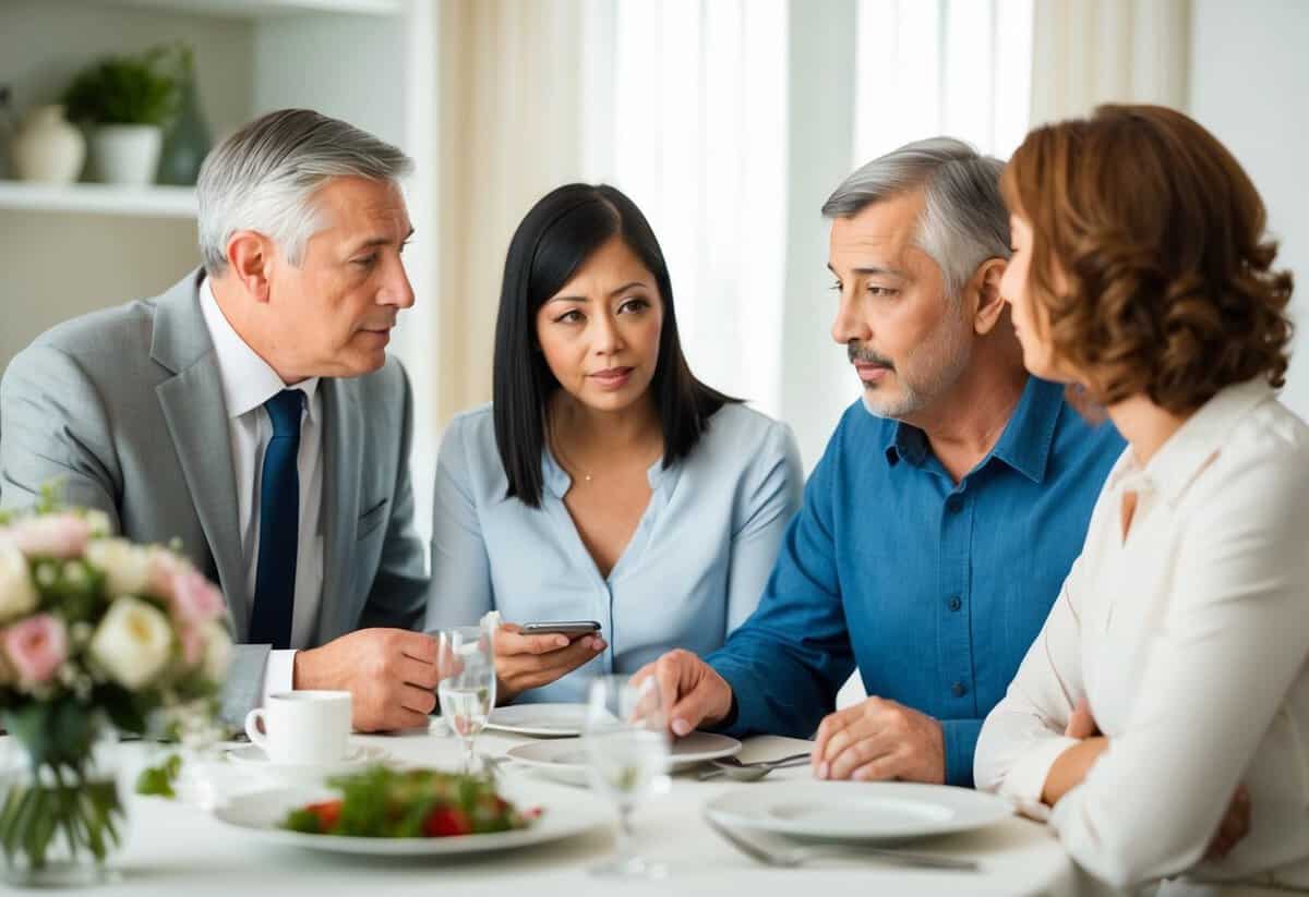 A couple and their daughter discussing wedding expenses at a dining table. The daughter's parents appear to be taking on some financial responsibilities