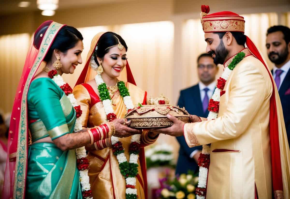 A traditional wedding scene with the bride's parents presenting a dowry to the groom's family, while modern couples split wedding costs equally