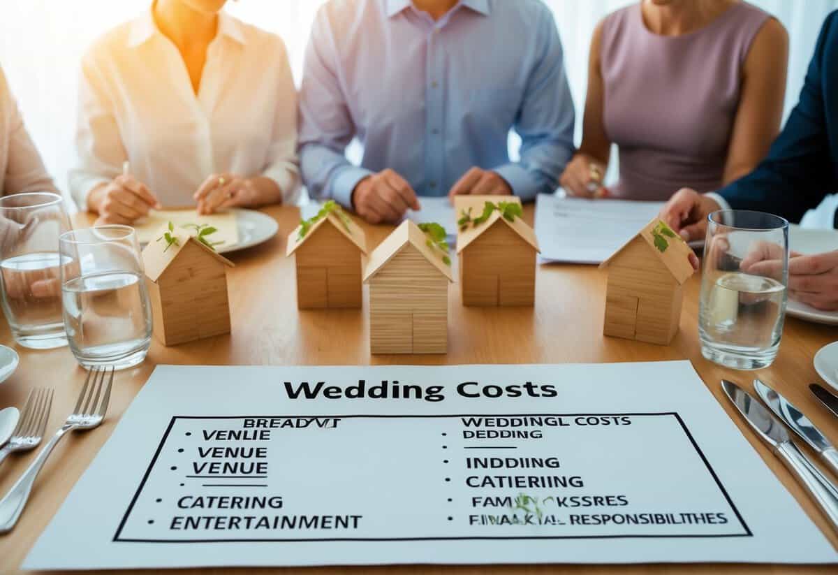 A table with a detailed breakdown of wedding costs, including venue, catering, and entertainment. Family members discussing financial responsibilities