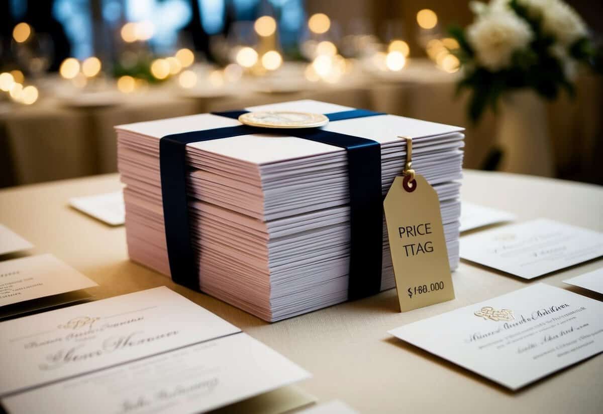 A stack of elegant wedding invitations with a decorative seal and ribbon, arranged neatly on a table with a price tag displayed prominently
