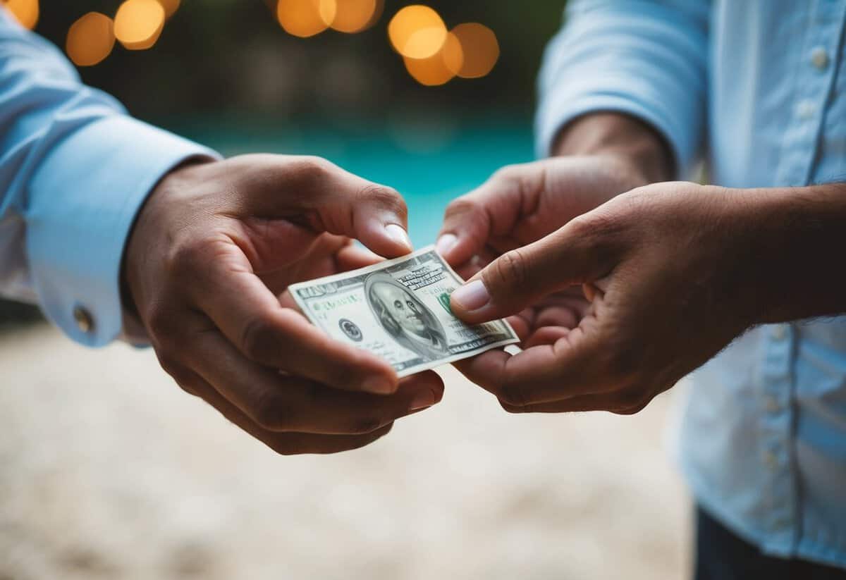 A couple's hands exchanging money for a honeymoon trip