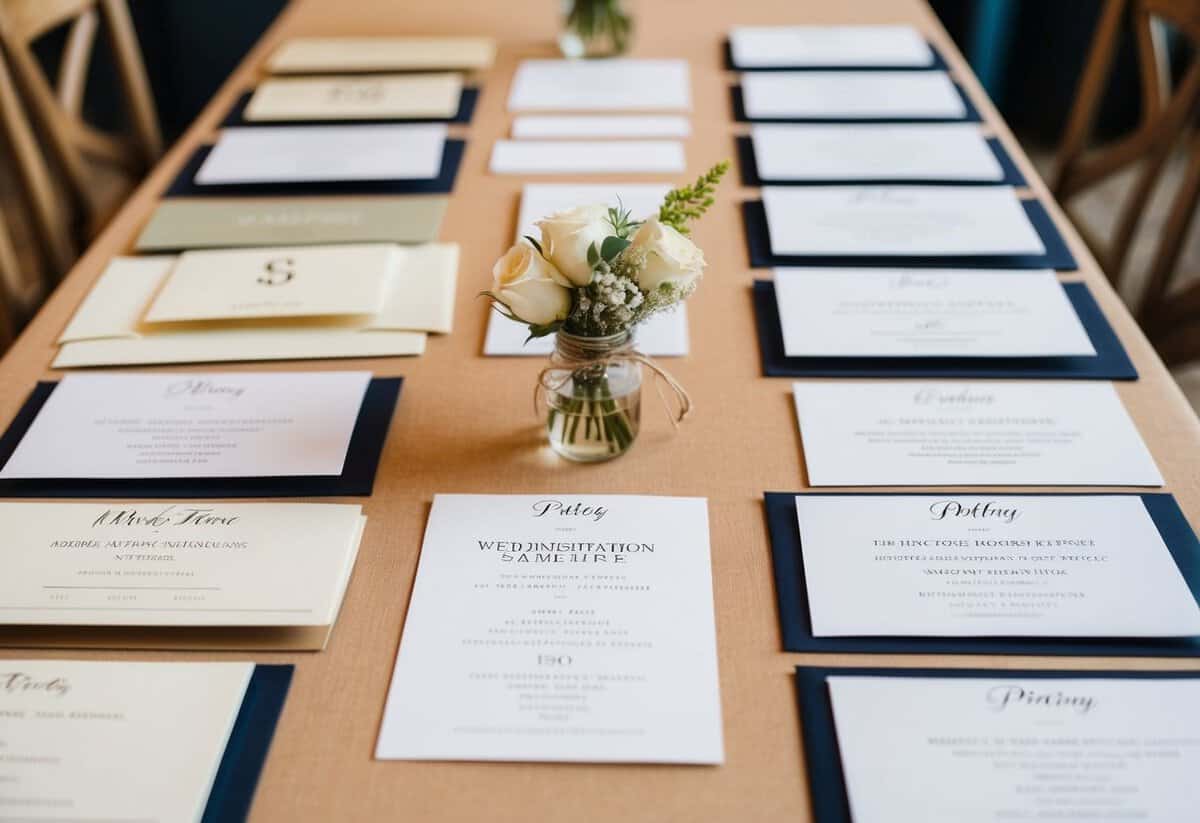 A table with various wedding invitation samples and pricing charts