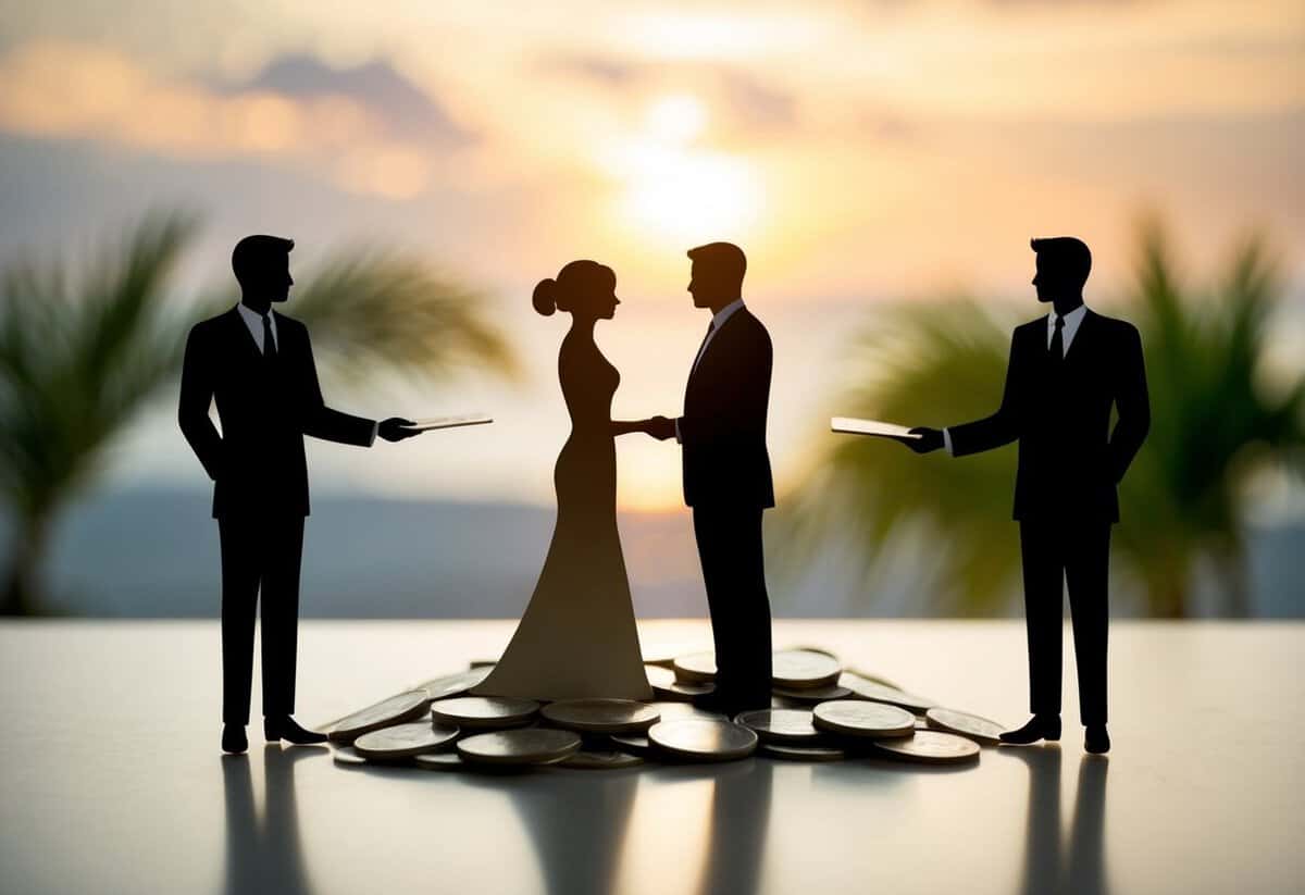 A couple's silhouette divides a pile of cash, symbolizing the breakdown of honeymoon expenses