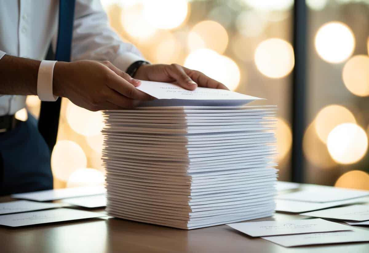 A stack of 100 wedding invitations being counted and organized on a table