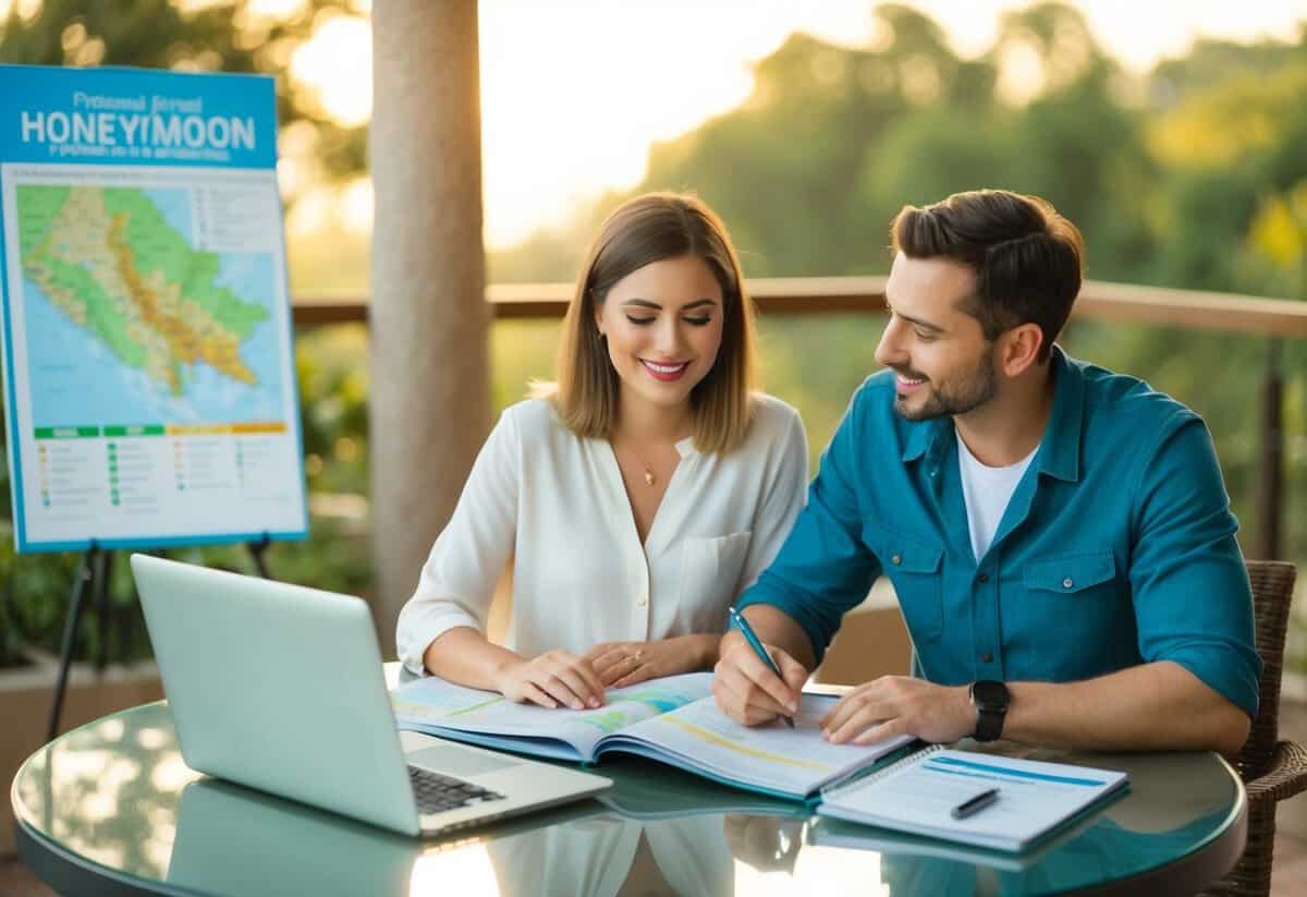 A couple sits at a table with a map, guidebook, and laptop, discussing and planning their honeymoon together