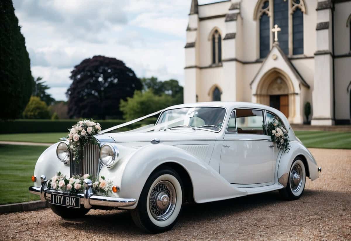 A sleek white vintage car adorned with flowers and ribbons, parked outside a grand church