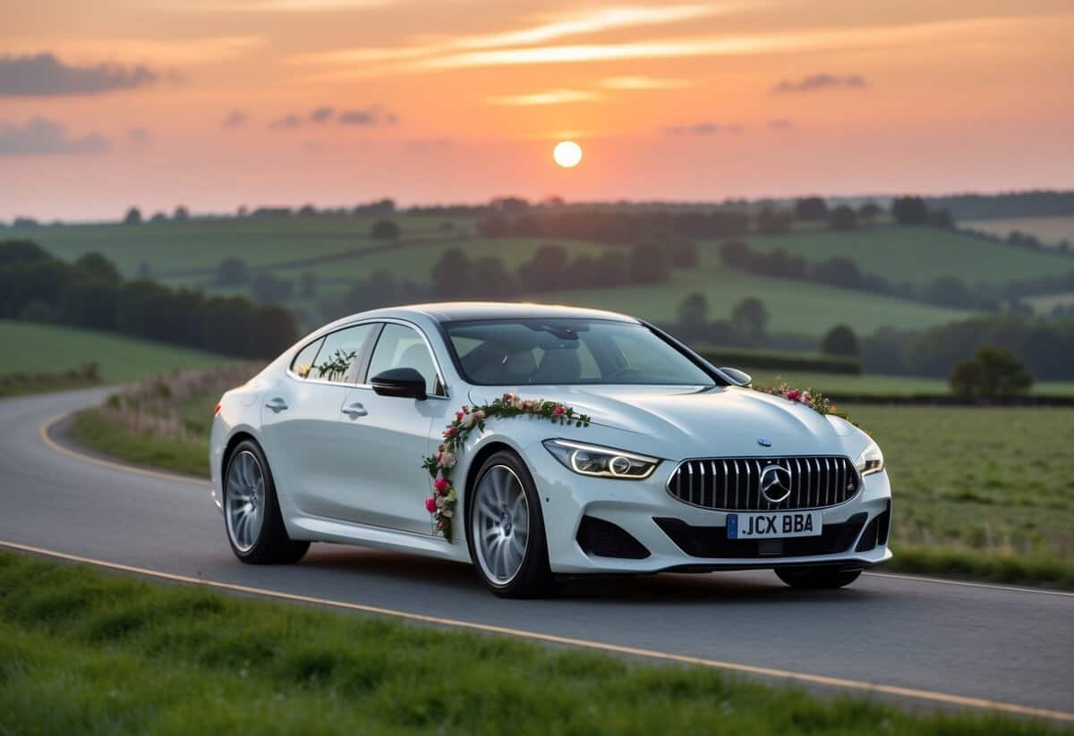 A sleek white luxury car adorned with floral decorations drives through a picturesque countryside, with a beautiful sunset in the background