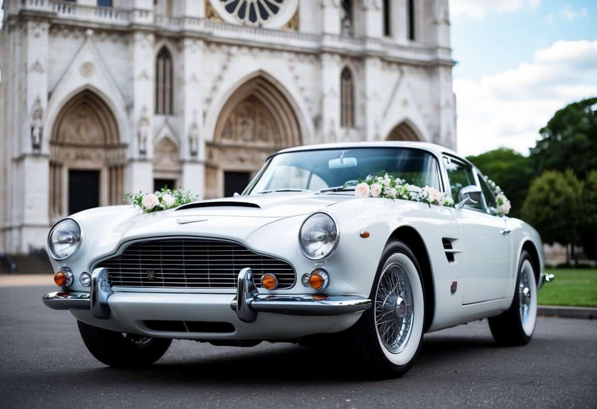 A sleek, white vintage car adorned with delicate floral decorations, parked in front of a grand cathedral