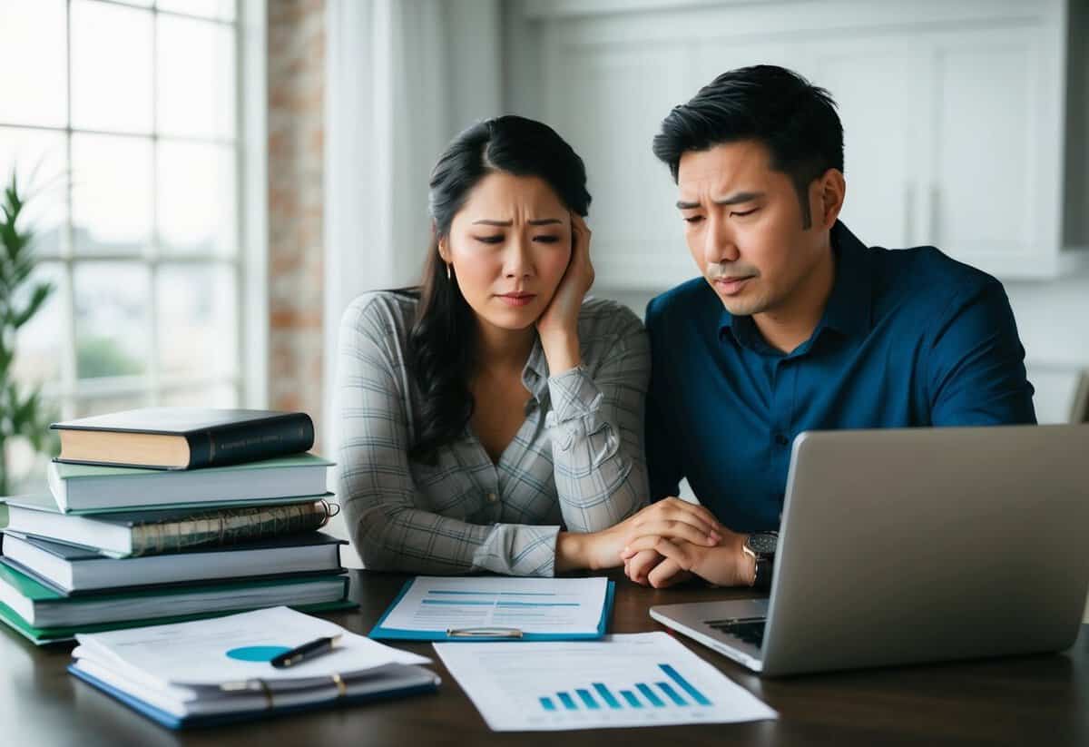 A couple sitting at a table, surrounded by wedding planning books, a laptop, and financial documents. They look stressed and concerned