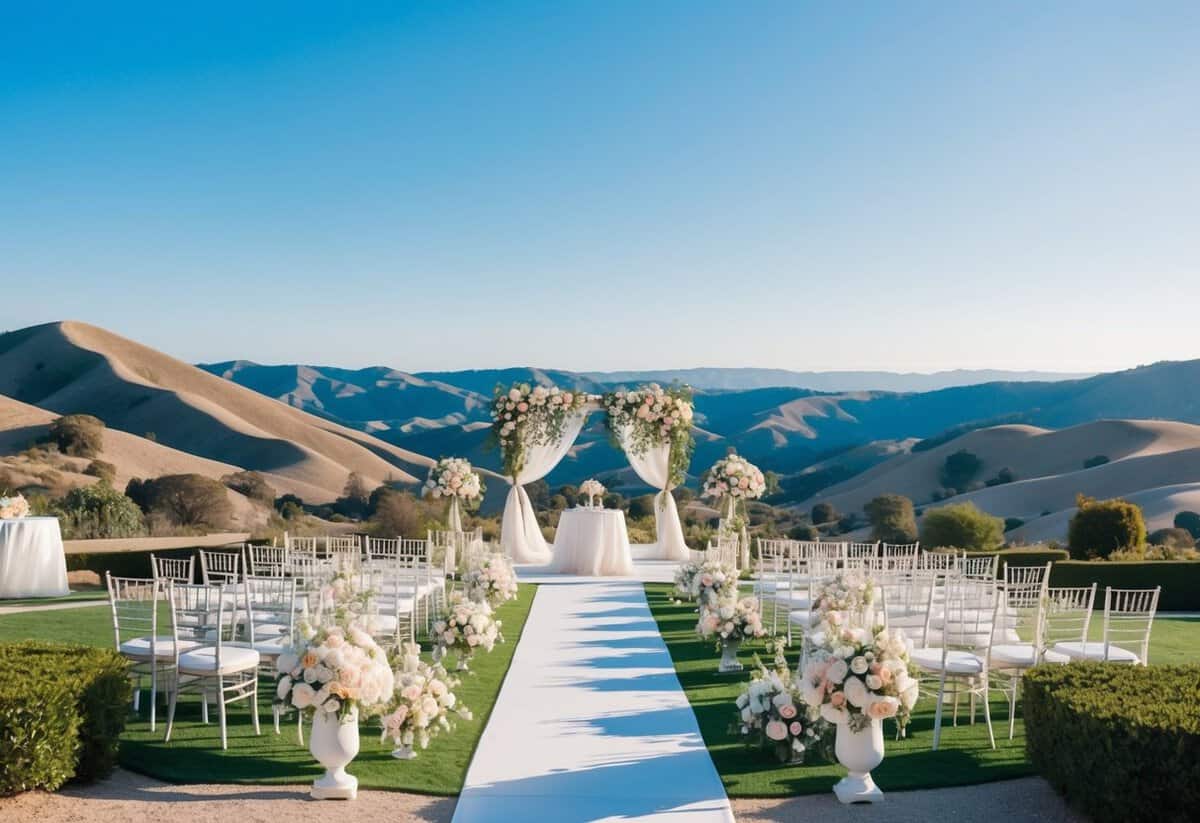 A picturesque California landscape with a grand wedding venue, adorned with floral arrangements and elegant decor, surrounded by rolling hills and a clear blue sky