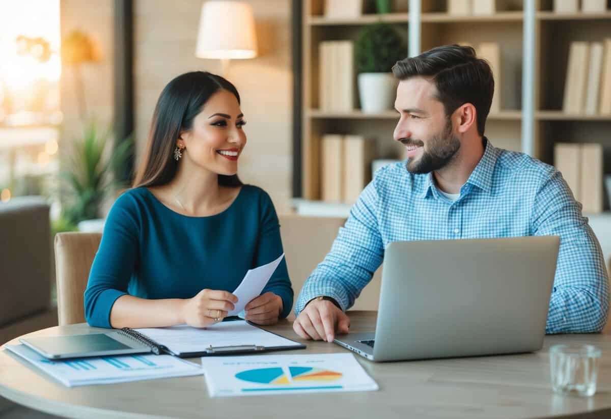 A couple sits at a table with wedding planning materials and a laptop, discussing financing options