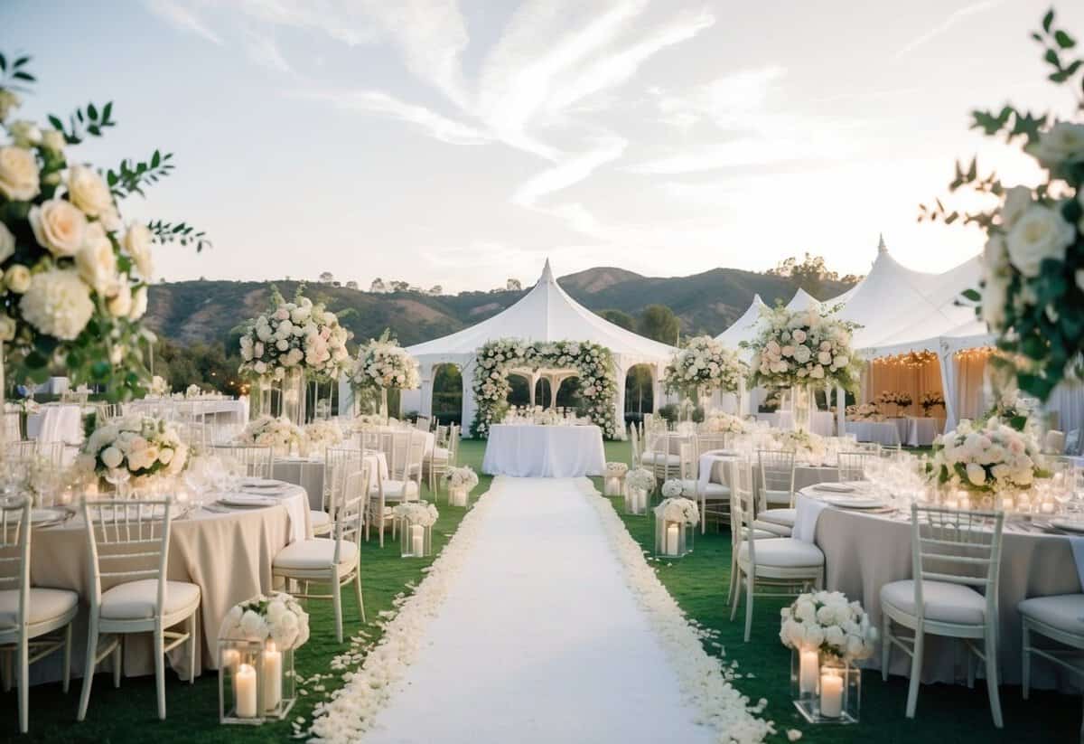 A lavish California wedding with a scenic outdoor venue, elegant floral arrangements, and a grand reception tent