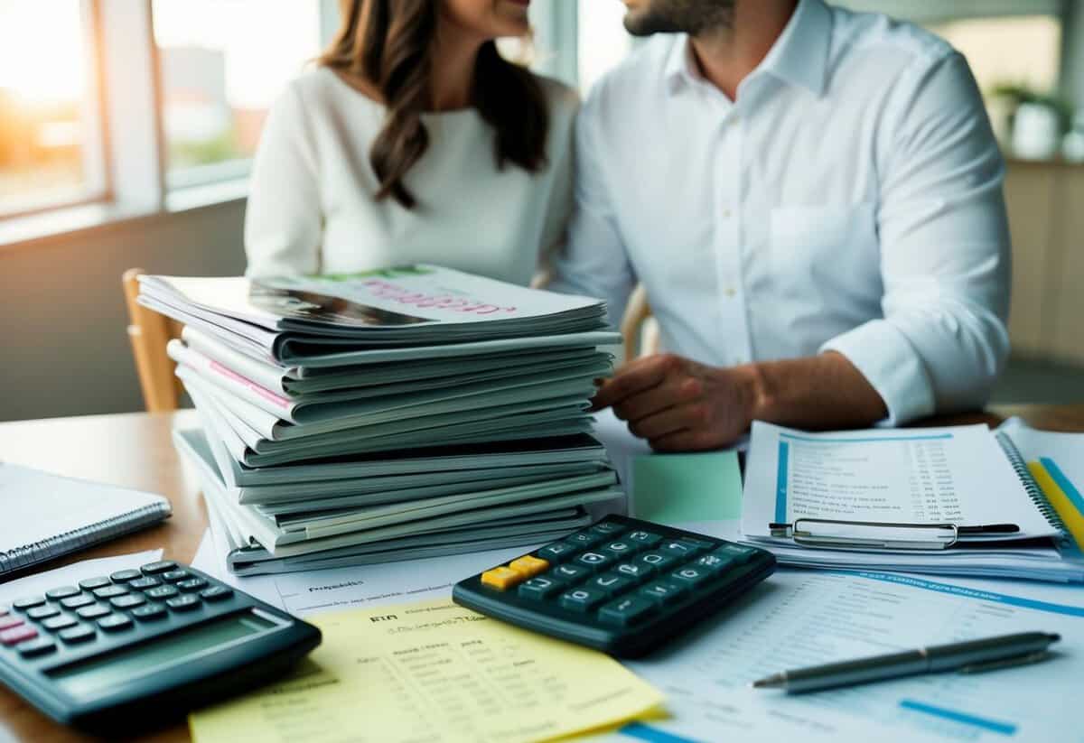 A couple sits at a table with a stack of wedding magazines and a calculator, surrounded by notes and budget spreadsheets