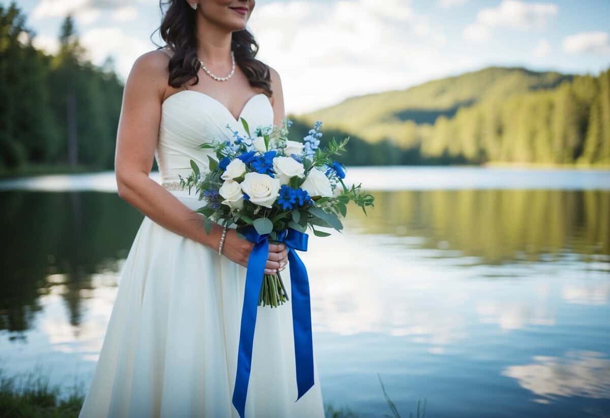 A bride stands by a serene lake, a blue ribbon tied around her bouquet