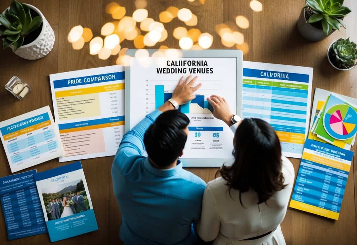 A couple researching wedding venues in California, surrounded by price comparison charts and colorful brochures