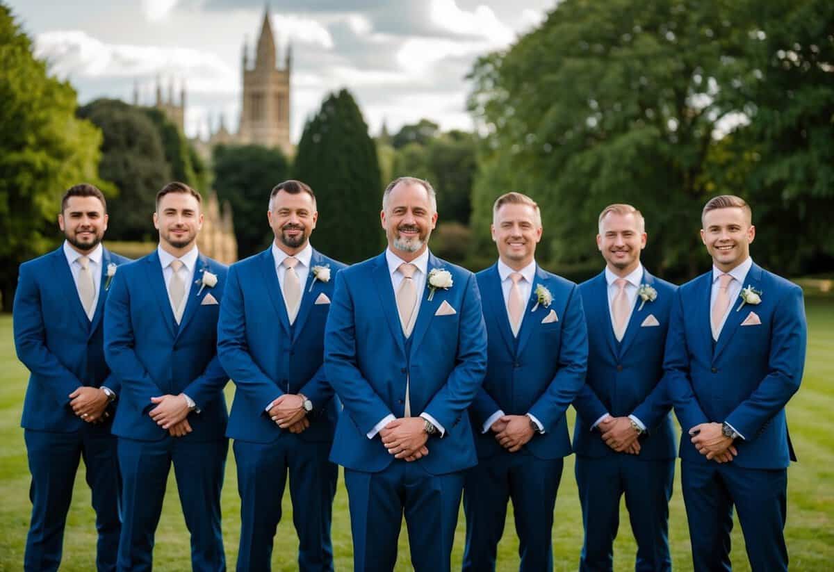 A group of men in formal attire stand together, with the father of the bride wearing the same outfit as the groomsmen in the UK