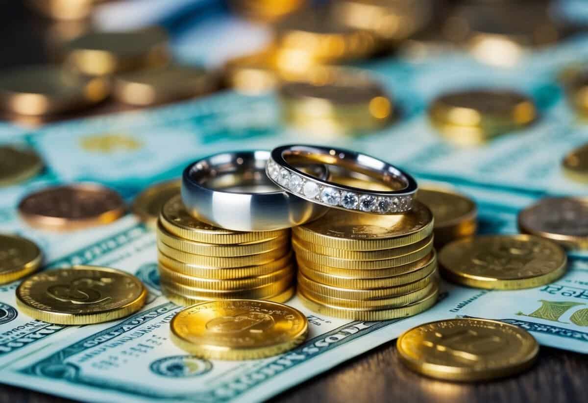 A pair of elegant wedding rings surrounded by a pile of gold coins and bills