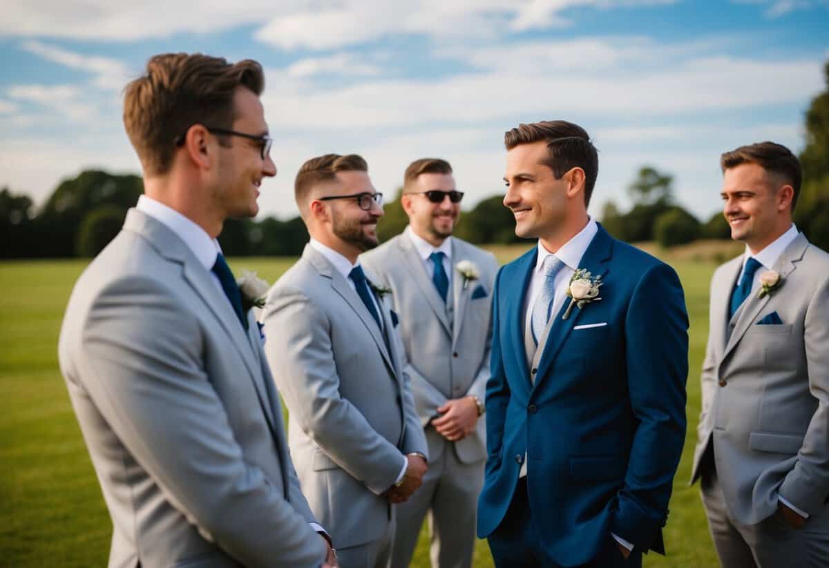 A man in a formal suit stands beside a groom and groomsmen, all wearing similar attire