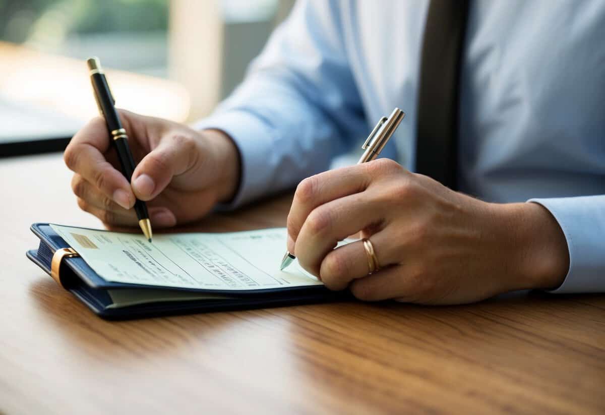 A pair of hands holding a checkbook and writing a check for a wedding contribution