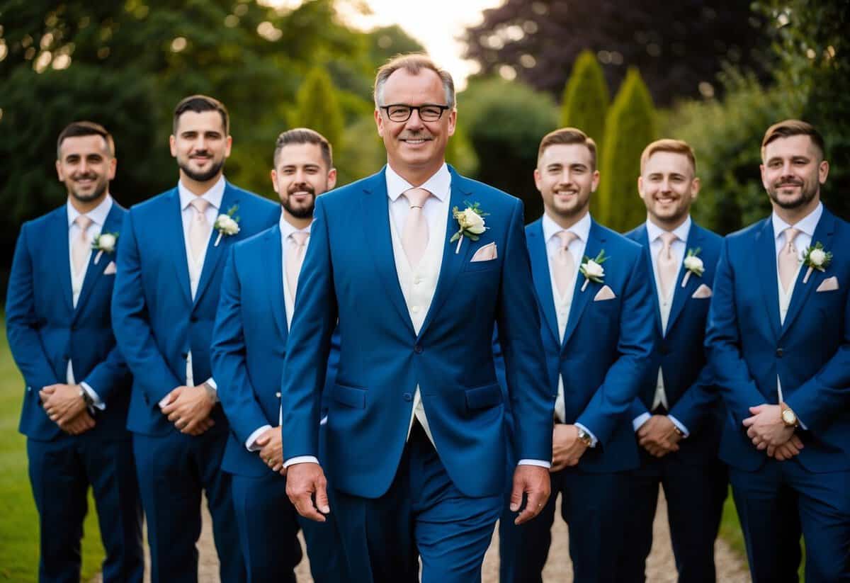 A father of the bride stands alongside groomsmen, all wearing matching suits and coordinating accessories for a wedding in the UK