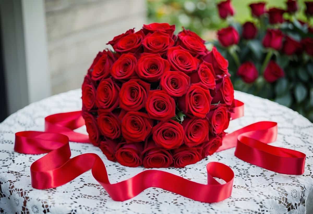 A vibrant red bouquet sits on a white lace tablecloth, surrounded by crimson roses and draped in scarlet ribbons