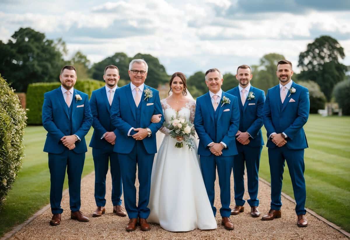The father of the bride and groomsmen are wearing matching suits in the UK