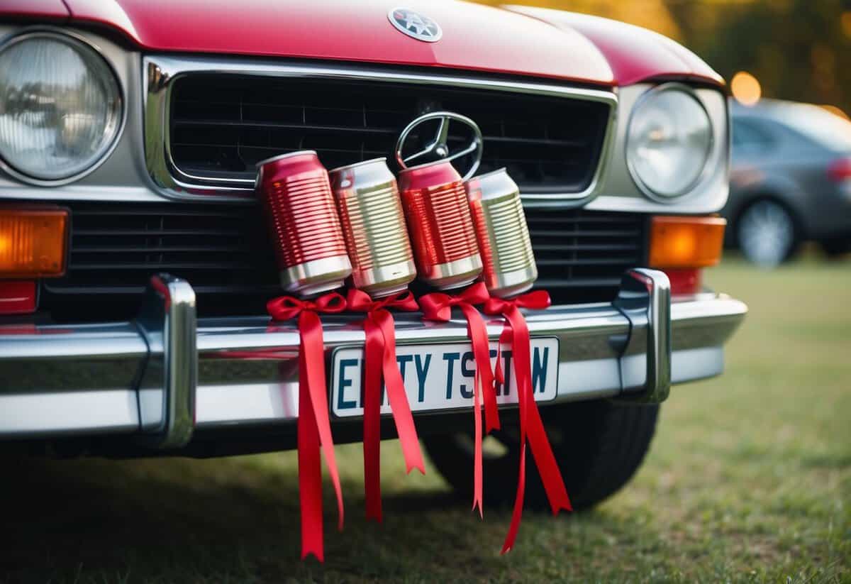 Empty cans tied with ribbons hang from the bumper of a decorated car